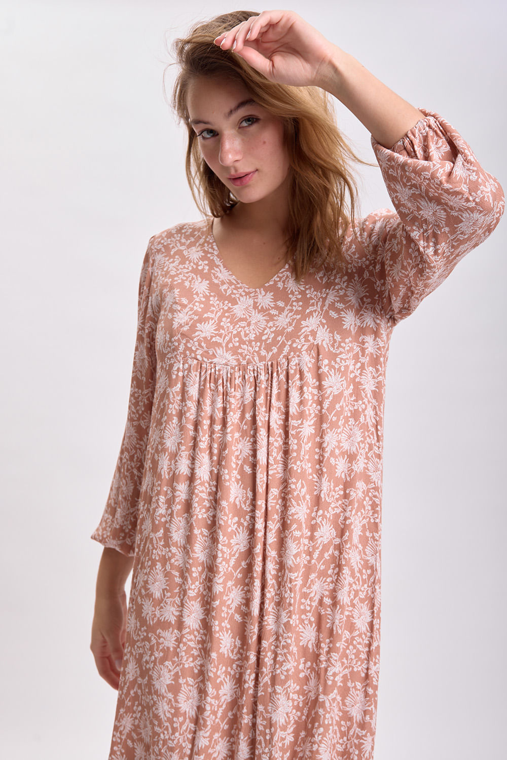 VESTIDO LARGO PANELES ESTAMPA BOHO TOSTADO